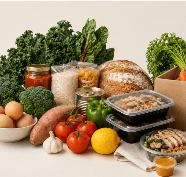 Table spread of fresh organic ingredients and prepped meals