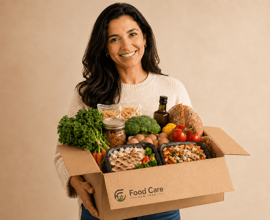 Smiling woman carrying delivery box full of fresh groceries