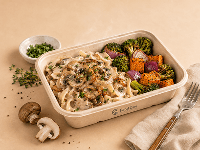 Ready to eat prepared pasta meal with broccoli and sweet potato