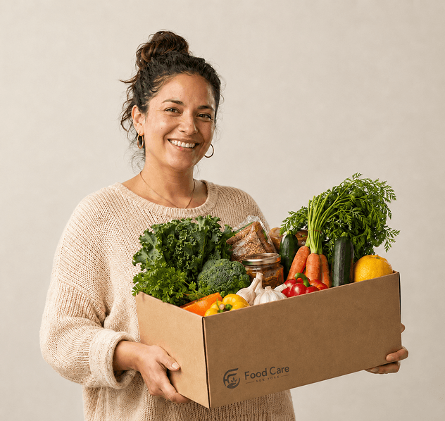 Woman carrying a cardboard box full of organic fresh vegetables
