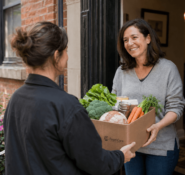 Delivery driver handing box of groceries to a woman at her doorstep